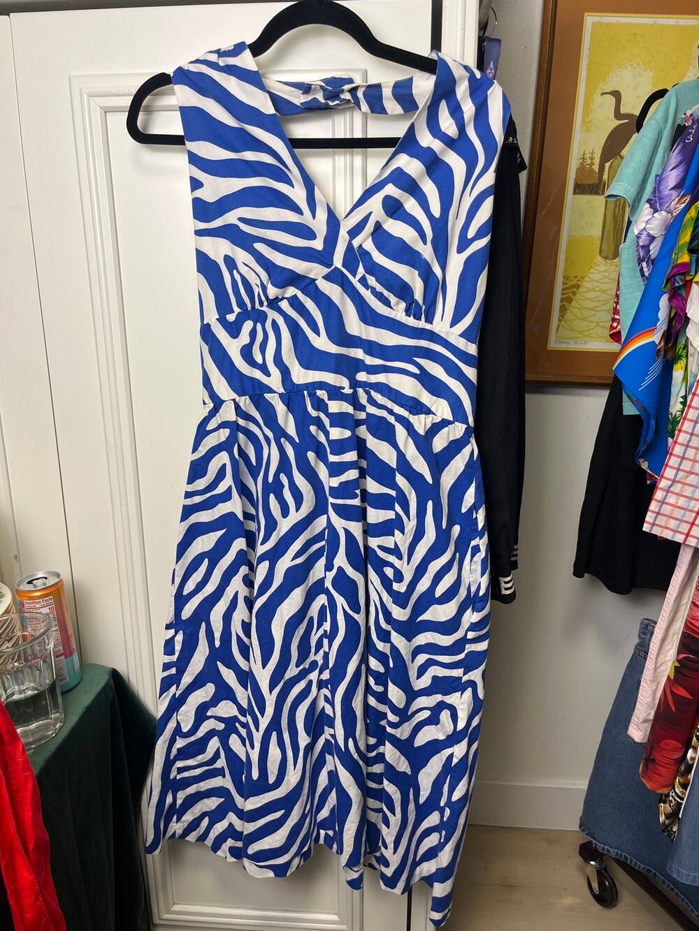 Mr Joe Blue and White Zebra Halter Dress Medium USA Vintage Y2K